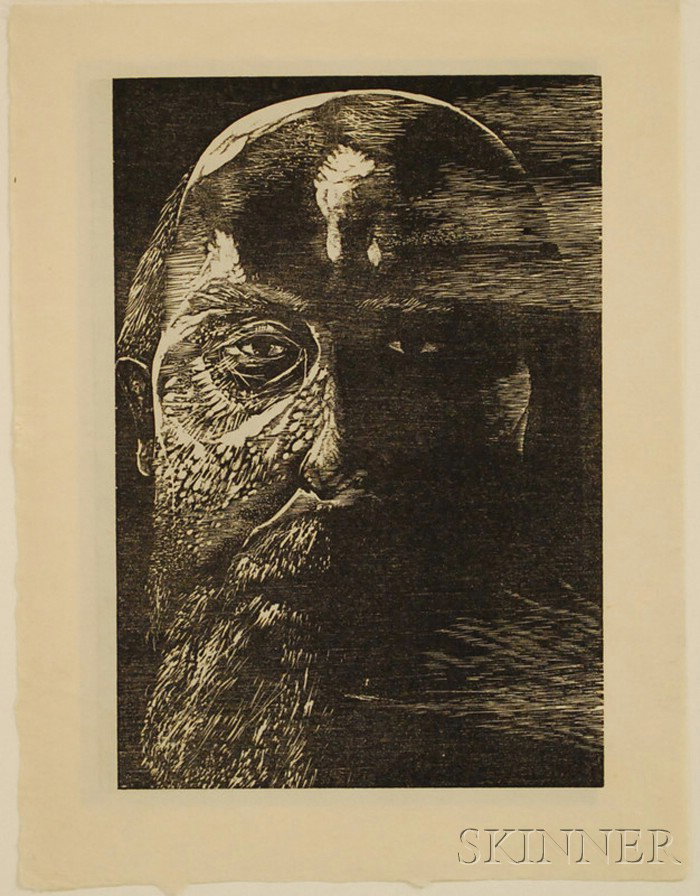 American School, 20th Century Head of a Man/A Dou: American School, 20th Century Head of a Man/A Double-sided Impression. Unsigned. Woodcut on paper, image size 9 x 6 1/8 in., matted, unframed.