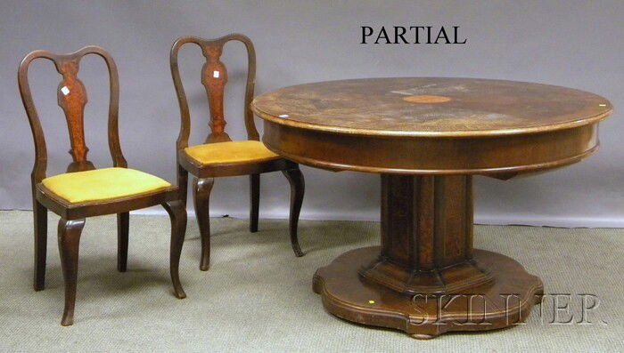 Queen Anne-style Inlaid and Burl Veneer Oak Pedes: Queen Anne-style Inlaid and Burl Veneer Oak Pedestal-base Dining Table with Four Side Chairs, England, c. 1930.