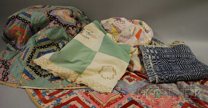 Three Pieced Cotton Quilts, a Blue and White Cove: Three Pieced Cotton Quilts, a Blue and White Coverlet, and an Embroidered Pieced Cotton Bedspread, one quilt unfinished.