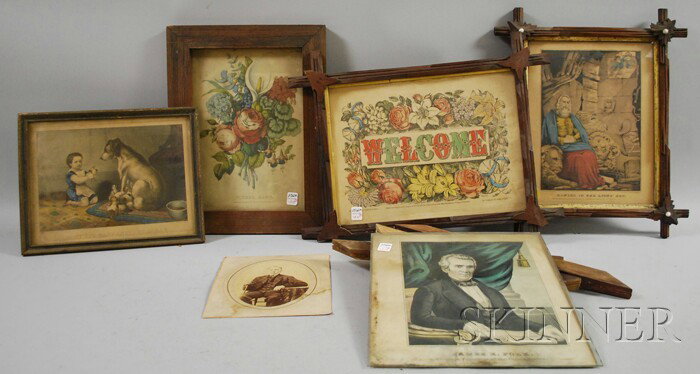 Five Currier and Currier & Ives Hand-colored Lith: Five Currier and Currier & Ives Hand-colored Lithographs, N. Currier James K. Polk, Daniel in the Lions' Den, Currier & Ives Welcome, Don't You Want Another Baby, and Flora