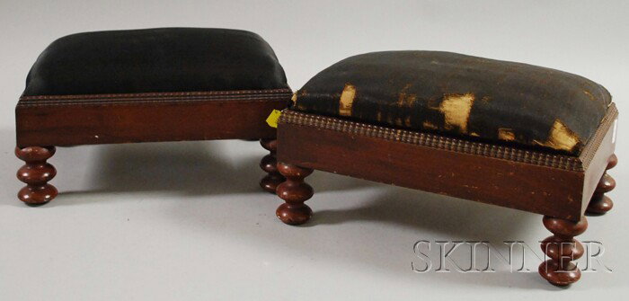 Pair of Victorian Mahogany Veneer and Spool-turne: Pair of Victorian Mahogany Veneer and Spool-turned Footstools with Horsehair Upholstered Slip Cushions, (both with scattered surface scratches and edge wear, one with corner crack at leg joint, and sh
