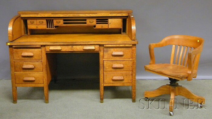 Early 20th Century Oak Roll-top Desk and Desk Arm: Early 20th Century Oak Roll-top Desk and Desk Armchair, desk ht. 42 3/4, wd. 60, dp. 34 in.
