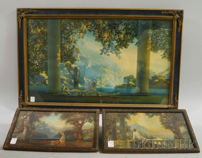 Framed Maxfield Parrish and Two R. Atkinson Fox P: Framed Maxfield Parrish and Two R. Atkinson Fox Prints, original frames, sight size wd. 13 3/4 to 29 1/2 in.