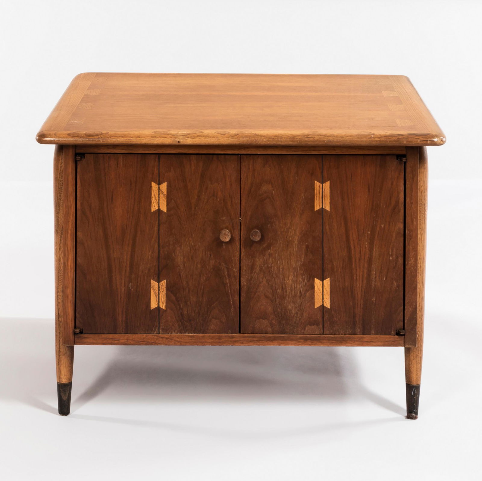 Andre Bus for Lane Acclaim Series End Table,: Andre Bus for Lane Acclaim Series End Table, 1960s, walnut and pecan, ink stamped marker's mark and "style No. 90095 serial number 561011, design pat. no. 18537," ht. 20 1/2, wd. 28, dp. 28 in.