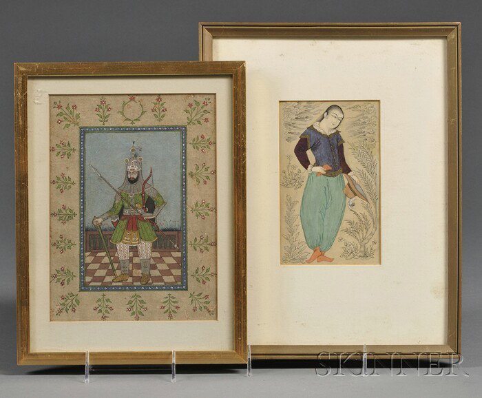 Two Miniature Paintings, Persia, 19th century, a Sa: Two Miniature Paintings, Persia, 19th century, a Safavid-style work of a European and an armored warrior, 9 1/2 x 7 and 7 x 4 3/4 in., both framed and glazed.