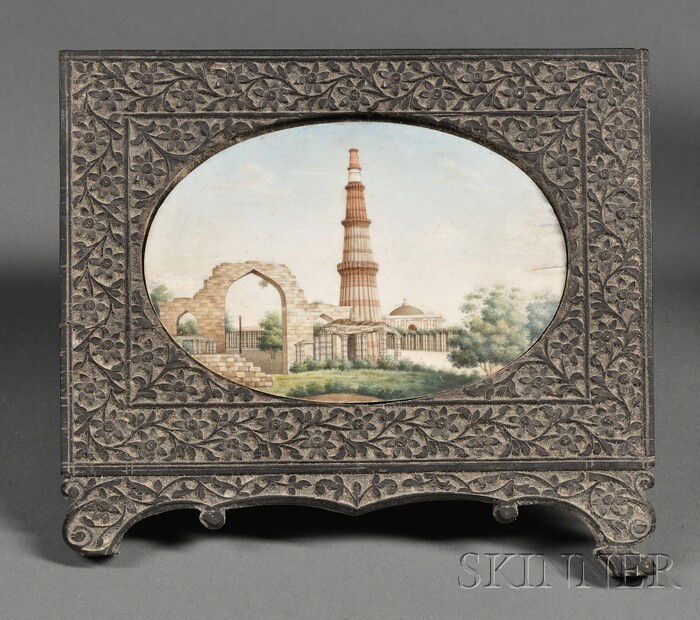 Miniature Painting on Ivory, India, 19th century, s: Miniature Painting on Ivory, India, 19th century, scene of the Qutub Minar, carved ebony frame, 4 3/4 x 3 1/2 in.