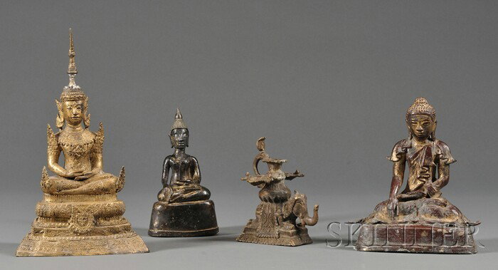 Four Bronzes, Southeast Asia, three Buddhas, one fr: Four Bronzes, Southeast Asia, three Buddhas, one from Thailand and two from Burma, together with an Indian lamp, ht. to 13 in.