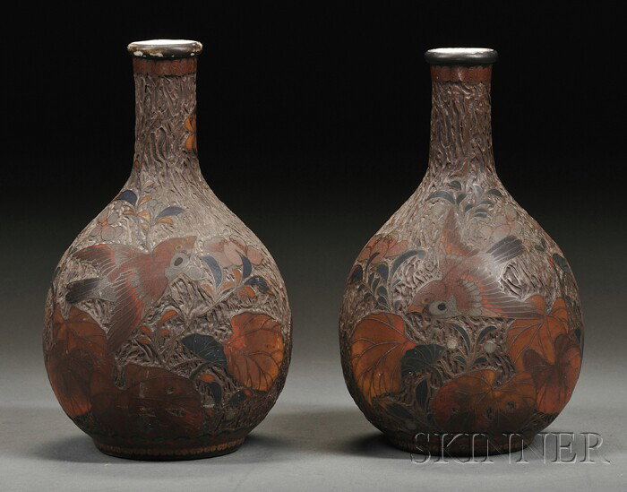 Pair of Cloisonn? on Porcelain Vases, Japan, 19th : Pair of Cloisonn? on Porcelain Vases, Japan, 19th century, birch bark type with a design of birds and flowers, ht. 7 in.