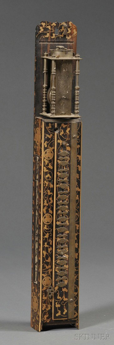 Wall Clock, Japan, 19th century, gold and black la: Wall Clock, Japan, 19th century, gold and black lacquered case, engraved brass works, (losses), lg. 17 in.
