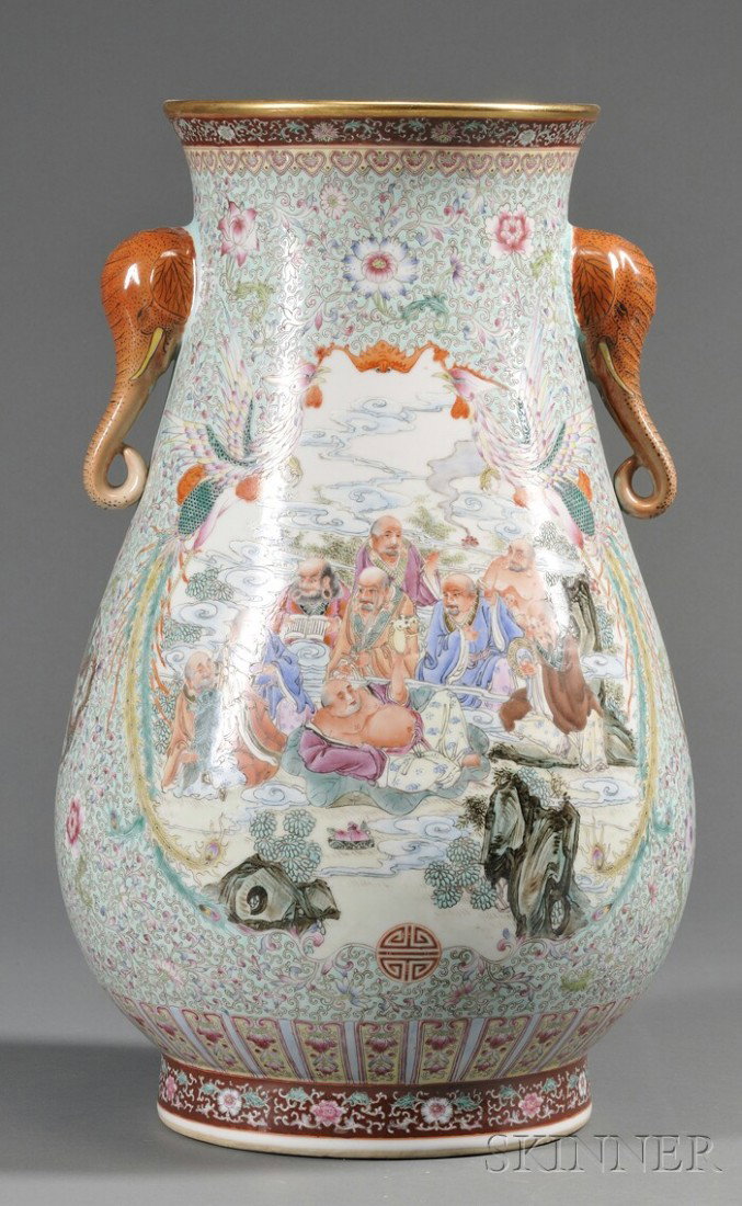 Porcelain Vase, China, Republican period, pear-sha: Porcelain Vase, China, Republican period, pear-shaped with elephant head handles, famille rose decoration of reserves of Buddhist saints on a flower-strewn turquoise ground, ht. 19 in.