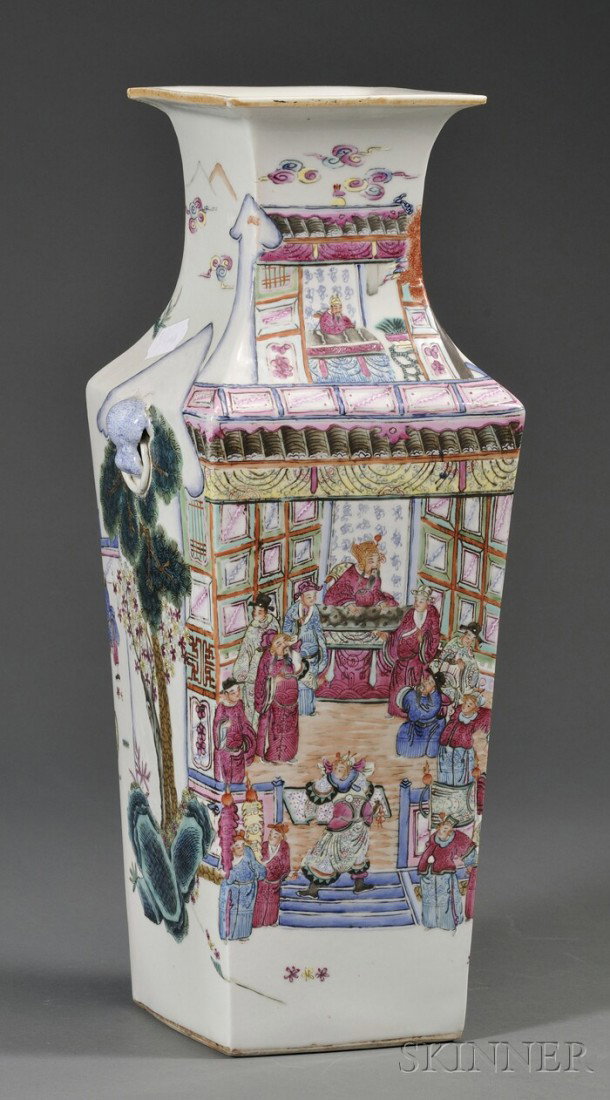 Square Porcelain Vase, early 20th century, famille: Square Porcelain Vase, early 20th century, famille rose decoration of a historical scene, ht. 18 in.