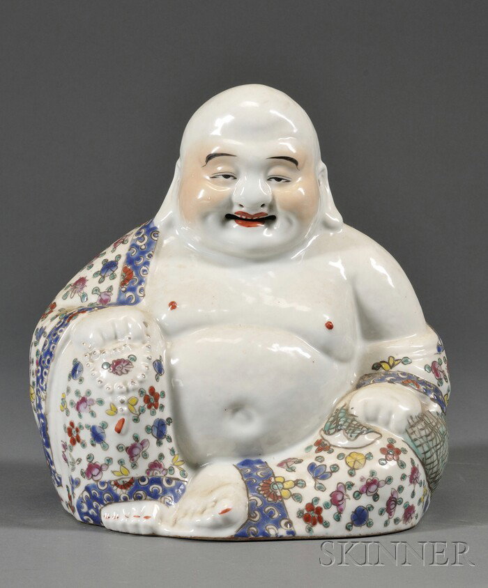 Porcelain Figure of Mi Lo Fu, China, early 20th ce: Porcelain Figure of Mi Lo Fu, China, early 20th century, famille rose decoration, ht. 10 in.
