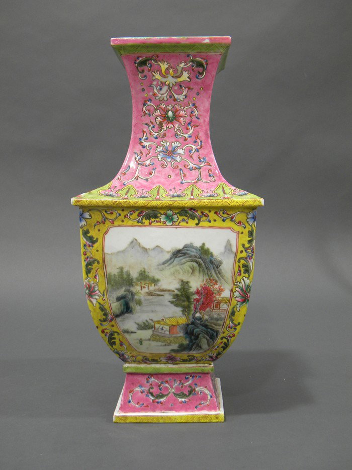Porcelain Vase, China, 20th century, square form, : Porcelain Vase, China, 20th century, square form, famille rose landscape decoration, floral decorated borders on yellow and magenta ground, ht. 19 in.