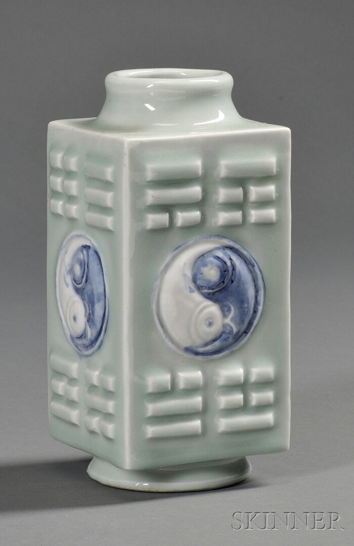 Porcelain Vase, China, early 20th century, square : Porcelain Vase, China, early 20th century, square form, celadon glaze with underglaze blue decoration, surface molded with trigrams and yin/yang symbols, ht. 8 in.