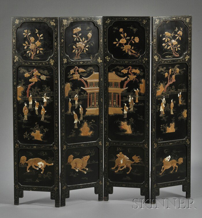 Four-panel Screen, China, early 20th century, blac: Four-panel Screen, China, early 20th century, black and gold lacquered surface inlaid with a scene of women in a palace in ivory, mother-of-pearl, and soapstone, ht. 72 in.