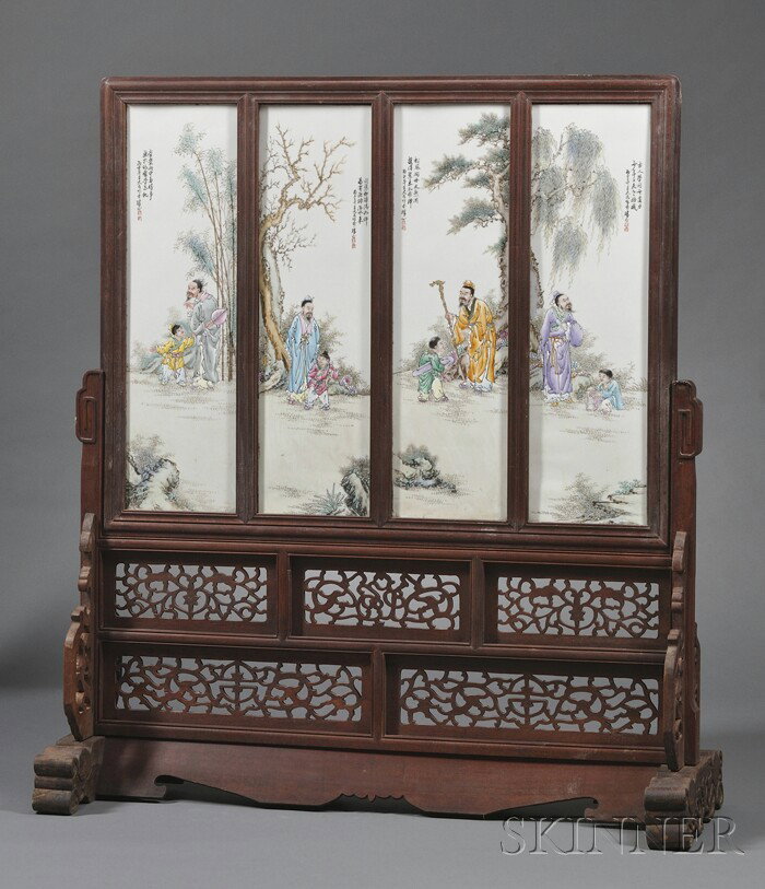 Floor Screen, China, 20th century, rosewood frame,: Floor Screen, China, 20th century, rosewood frame, central panel painted with birds in a flowering magnolia tree on a scarlet ground, ht. 50, wd. 44 in.