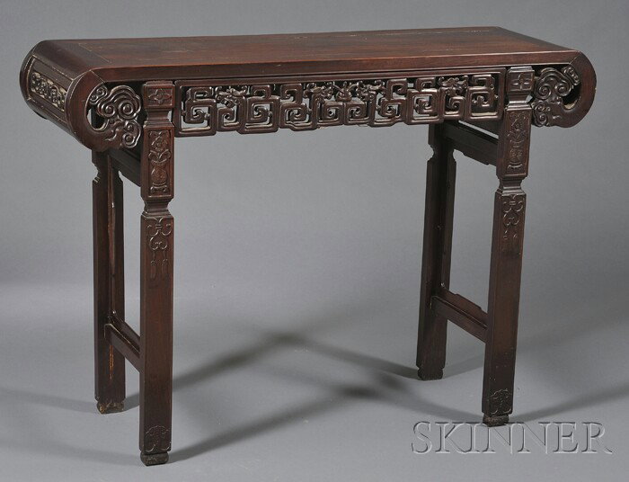 Altar Table, China, 19th century, rosewood surface: Altar Table, China, 19th century, rosewood surface carved with ling chih and archaic scrolling, 47 x 34 x 15 in.