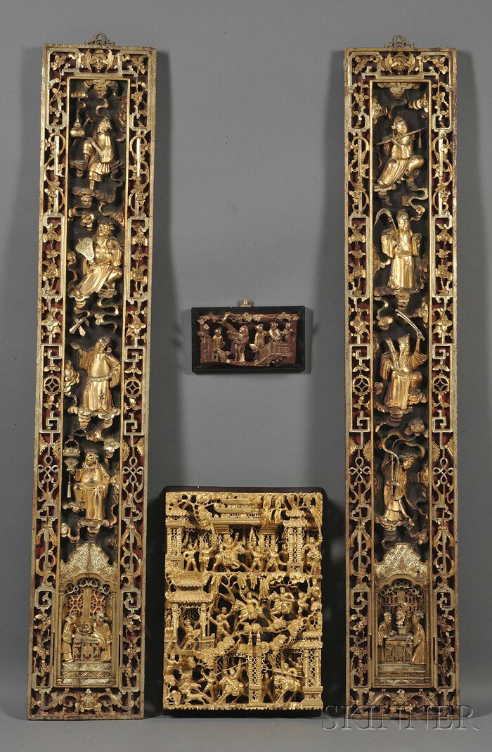 Four Carved Plaques, China, 19th/early 20th centur: Four Carved Plaques, China, 19th/early 20th century, carved and pierced with red, black, and gold lacquer, a pair of wall plaques with scenes of the Immortals and other architectural elements, 49 x 9 