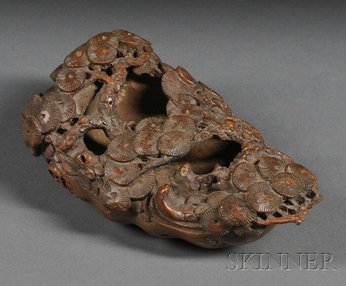 Bamboo Brush Washer, China, early 20th century, ca: Bamboo Brush Washer, China, early 20th century, carved as pine trees, lg. 6 1/4 in.