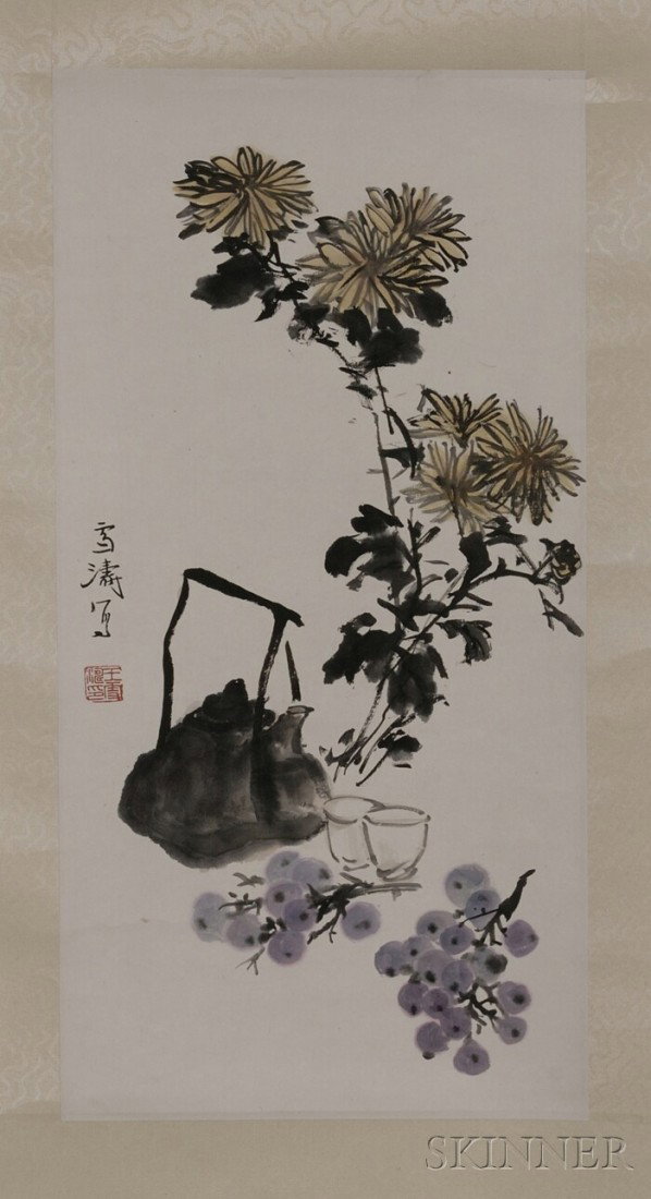 Hanging Scroll, China, ink and light colors on pap: Hanging Scroll, China, ink and light colors on paper, still life of a tea set, chrysanthemum, and grapes, signed (Wang) "Xuetao," with one seal, 16 x 8 in.
