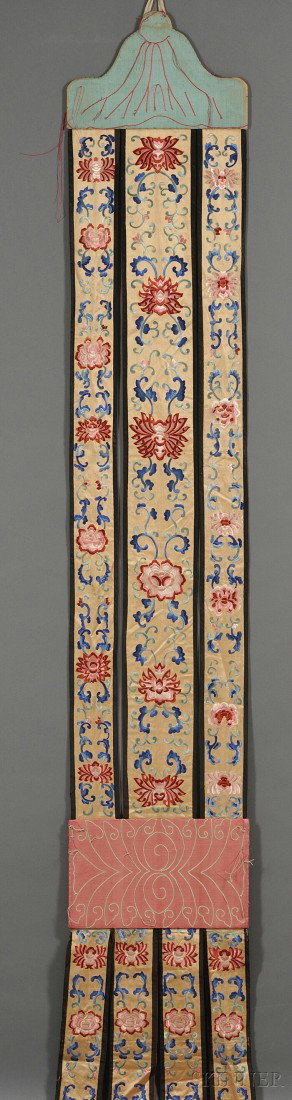 Buddhist Silk Hanging, China, late 19th/early 20th: Buddhist Silk Hanging, China, late 19th/early 20th century, scarlet cloth embroidered with flowers.