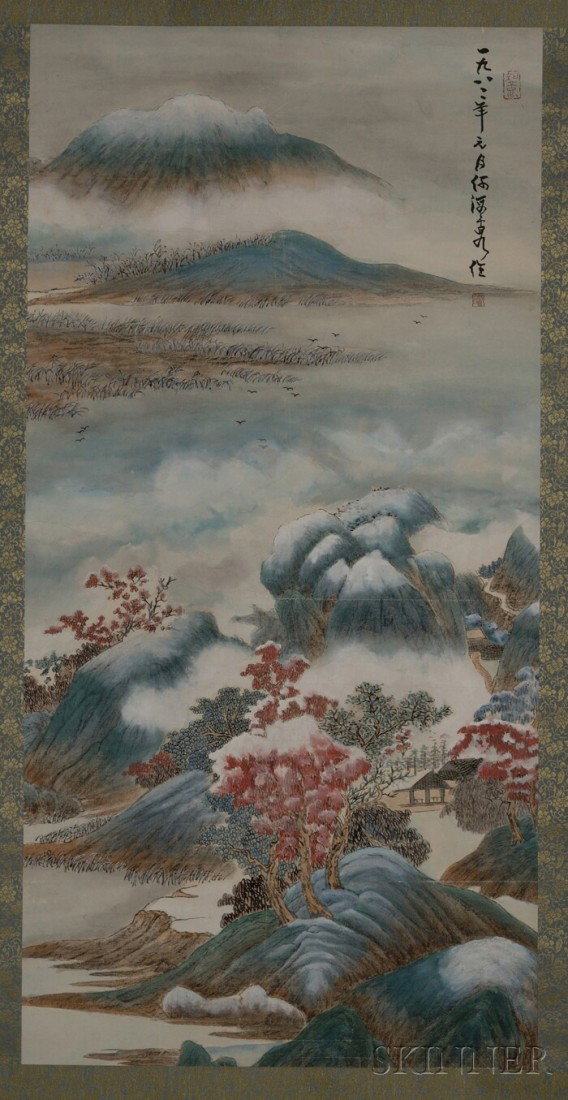 Hanging Scroll, China, He Haixia, ink and colors o: Hanging Scroll, China, He Haixia, ink and colors on paper, depicting blue and green landscapes, inscribed, signed, dated 1982, with two seals, 44 1/2 x 22 in.