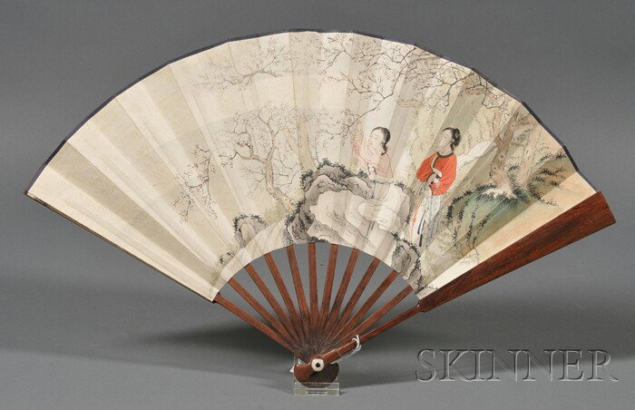 Painted Fan, China, ink and color painting of two : Painted Fan, China, ink and color painting of two elegant ladies and plum blossoms to the front, signed "Wang Shuhui," dated jimao year, with one seal, the reverse with calligraphic inscriptions in cu