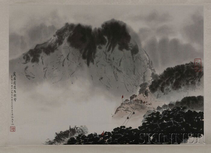 Hanging Scroll, China, ink and light colors on pap: Hanging Scroll, China, ink and light colors on paper, abstract depiction of Mount Emei, inscribed, signed (Fu) "Baoshi," with two seals, 13 x 18 in.