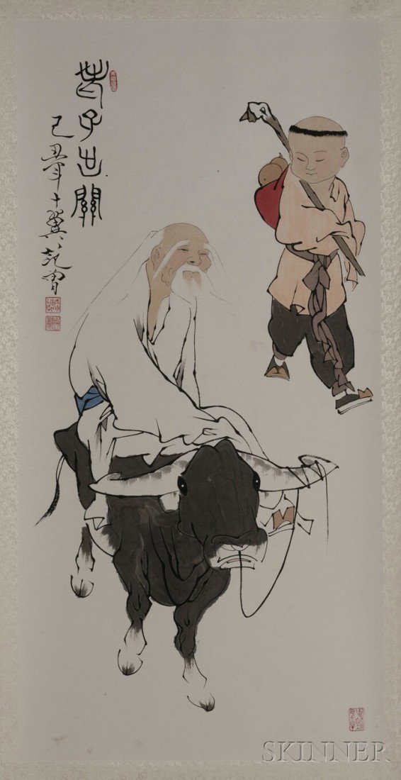 Hanging Scroll, China, ink and colors on paper, de: Hanging Scroll, China, ink and colors on paper, depicting an old man riding on a water buffalo, accompanied by an attendant, inscribed, signed "Fan Zeng," dated yichou year, with four seals, 53 1/2 x 