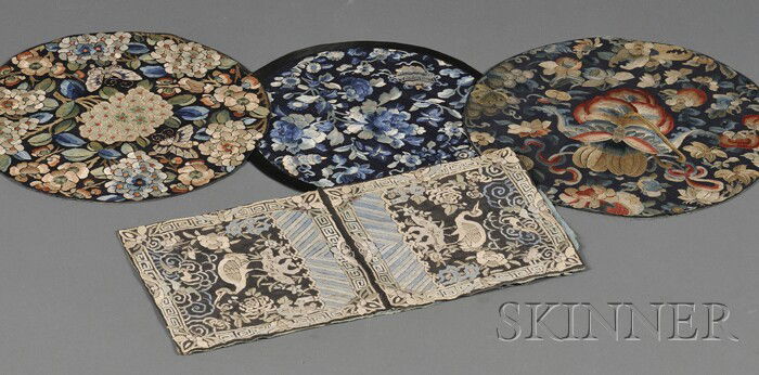 Four Silk Panels, China, 19th century, three round: Four Silk Panels, China, 19th century, three roundels finely embroidered with peaches, peonies, or morning glories, a square rank badge with an egret, dia. 12 1/4, 11 1/2, 10 3/4, sq. 8 in.