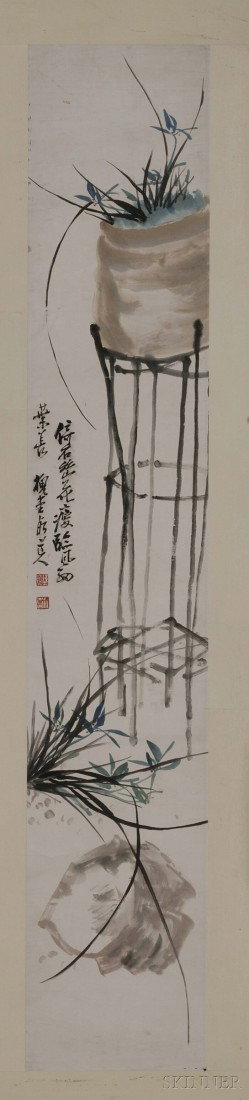 Hanging Scroll, China, ink and colors on paper, fi: Hanging Scroll, China, ink and colors on paper, finely depicting irises, signed "Huai tang xiu dao ren," one seal "Chen Hengke," one "Shizeng," 45 3/4 x 8 in.