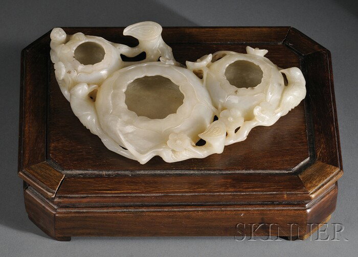 Jade Water Vessel, China, 19th century, three flow: Jade Water Vessel, China, 19th century, three flower blossom coupes with a joining branch, a bird, and a child, stone of a yellow-tan color, 9 x 5 1/4 in.