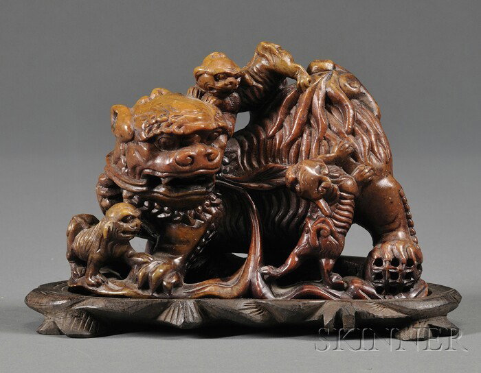 Foo Dog Group, China, 19th century, carved from re: Foo Dog Group, China, 19th century, carved from red and yellow soapstone, 6 x 4 1/2 in.