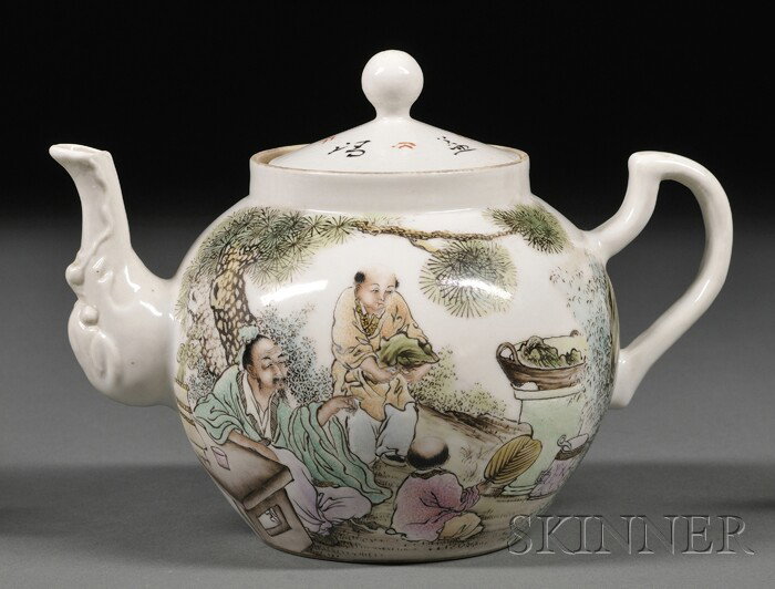 Porcelain Teapot, China, dated 1928, signed Wang C: Porcelain Teapot, China, dated 1928, signed Wang Chi, famille rose scene of a scholar with two attendants, 7 x 5 in.