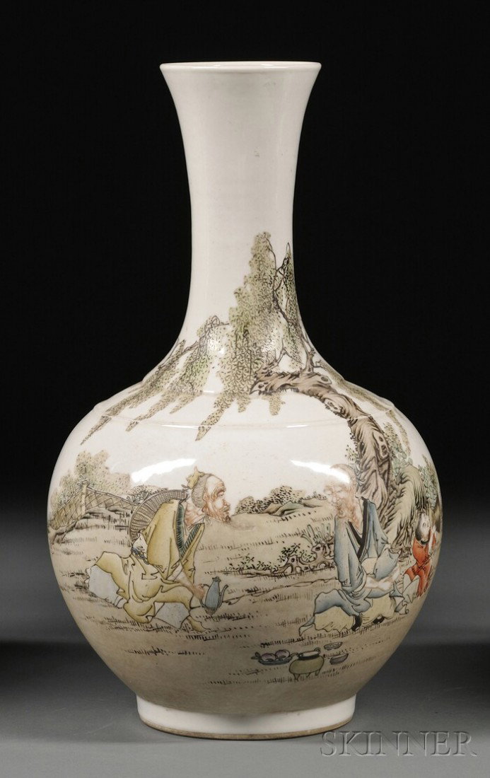 Porcelain Vase, China, Republican period, c. 1930,: Porcelain Vase, China, Republican period, c. 1930, famille rose enamels of two elderly men and a child, signed Wang Chi, ht. 16 1/2 in.