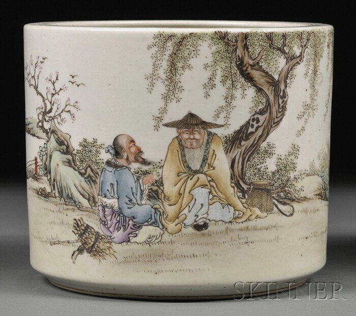 Brush Pot, China, dated 1912, famille rose scene o: Brush Pot, China, dated 1912, famille rose scene of a conversation between two scholars, signed Wang Chi, ht. 6 3/4 in.