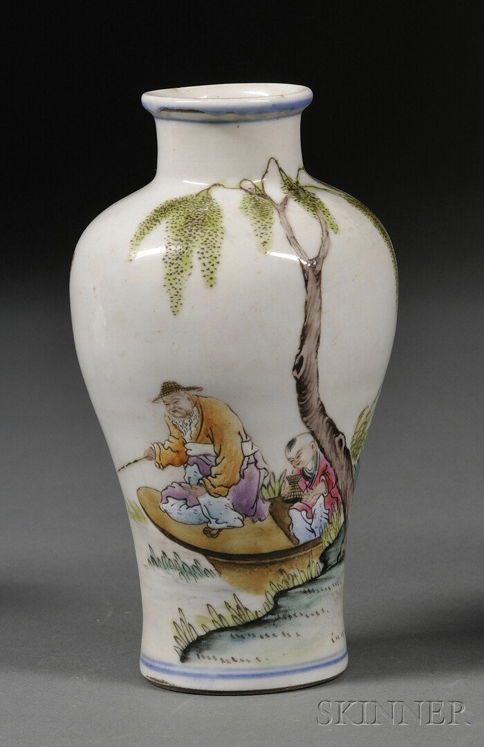 Famille Rose Vase, China, dated 1932, scene of a c: Famille Rose Vase, China, dated 1932, scene of a child and an old man fishing, signed Wang Chi, ht. 5 3/4 in.