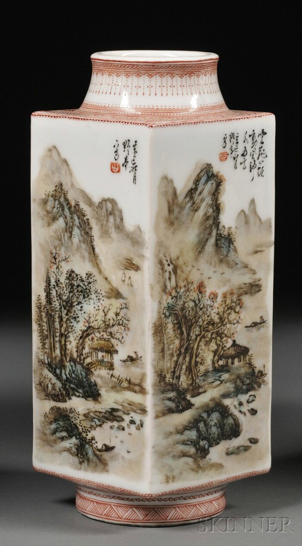Porcelain Vase, China, dated 1941, tsung-shape, de: Porcelain Vase, China, dated 1941, tsung-shape, decoration of landscapes, signed Wang Yeh Ting, ht. 9 3/4 in.