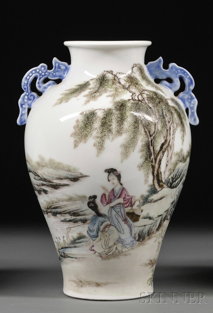 Porcelain Vase, China, Republican period, dated 19: Porcelain Vase, China, Republican period, dated 1938 and signed Wang Ta Fan, archaic-style dragon handles, famille rose decoration of two women beneath a willow tree, ht. 13 in.