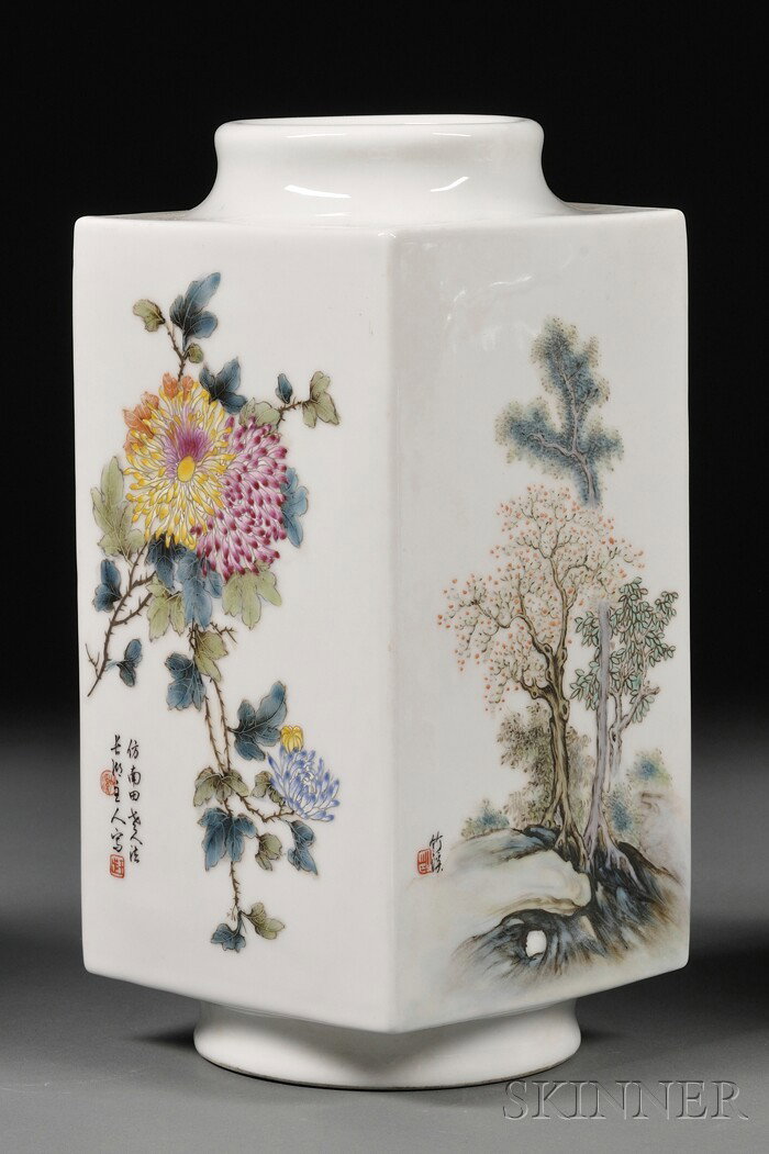 Square Porcelain Vase, China, dated 1941, scenes o: Square Porcelain Vase, China, dated 1941, scenes of Shao Lao and flowering plants, signed Wang Pu, ht. 11 in.