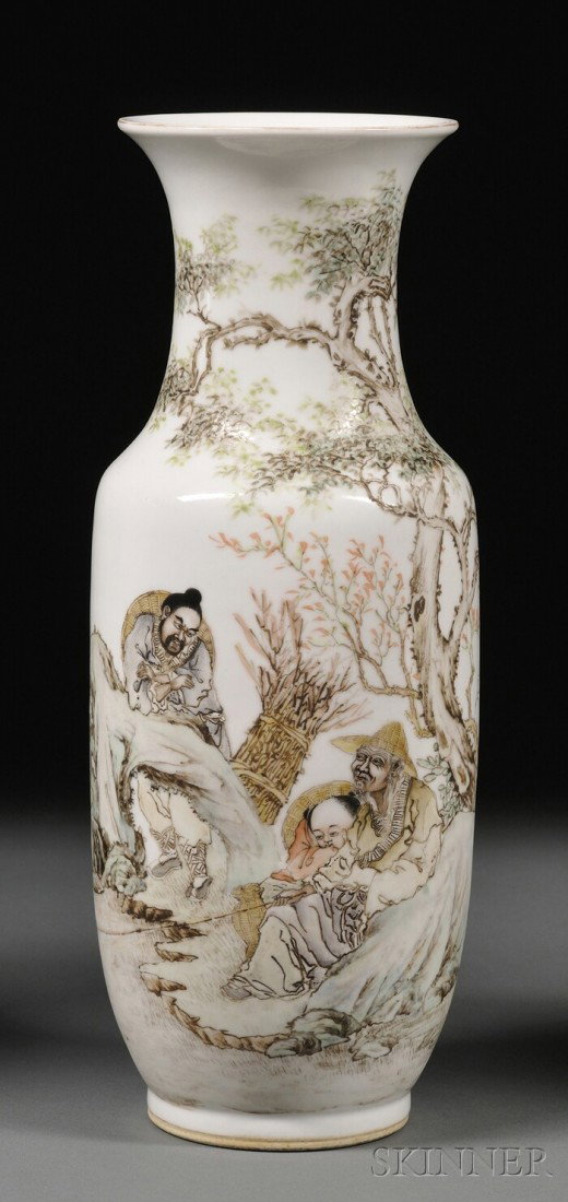 Porcelain Vase, China, dated 1942, signed Wang Yun: Porcelain Vase, China, dated 1942, signed Wang Yun Yan and with a company mark, famille rose scene of three people fishing, ht. 11 3/4 in.