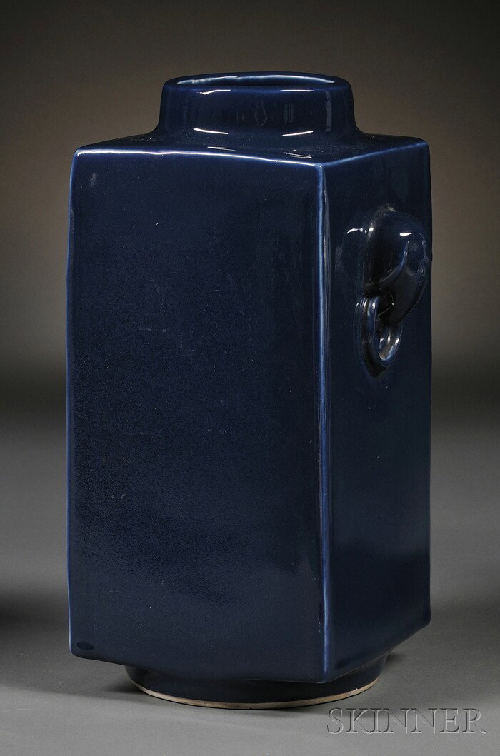 Square Porcelain Vase, China, Kuang Hsu mark (1873: Square Porcelain Vase, China, Kuang Hsu mark (1873-1908) and probably of the period, tsung-shape with a monochrome dark blue glaze, ht. 12 in.