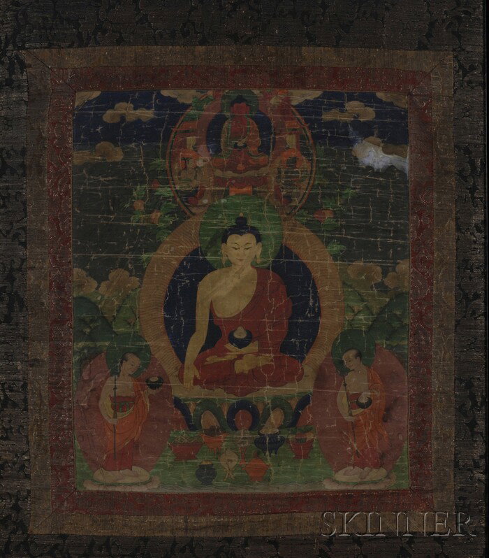 Thangka, Sino-Tibetan, 19th century, colors on hea: Thangka, Sino-Tibetan, 19th century, colors on heavy cloth, depicting a Buddhist figure seated on a lotus throne, flanked by attendants, with Amida Buddha to the top, framed and glazed, image 17 1/2 x