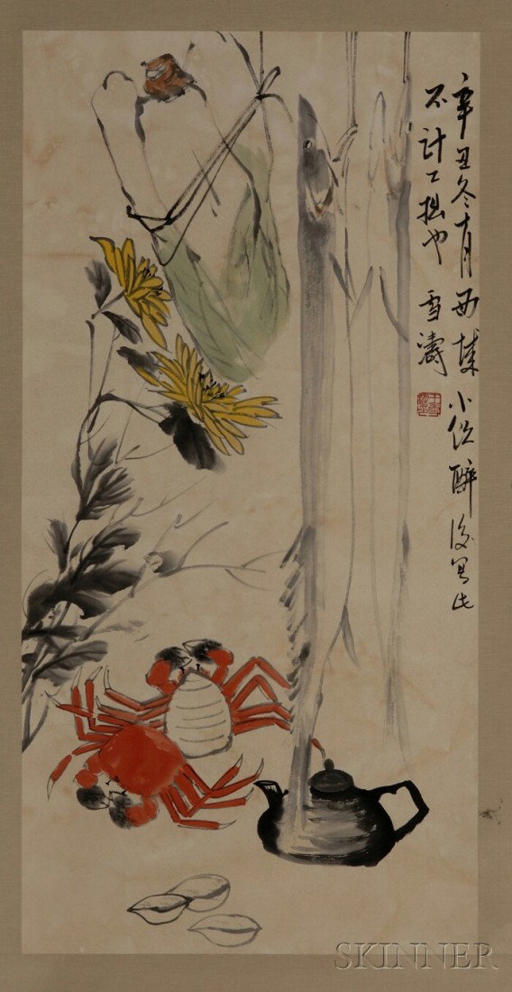 Two Hanging Scrolls, China, ink and colors on pape: Two Hanging Scrolls, China, ink and colors on paper, one depicting crabs and cabbage, the other butterflies and peonies, inscribed, signed (Wang) "Xuetao," with seals, 38 1/2 x 19 1/4, 27 x 18 in.