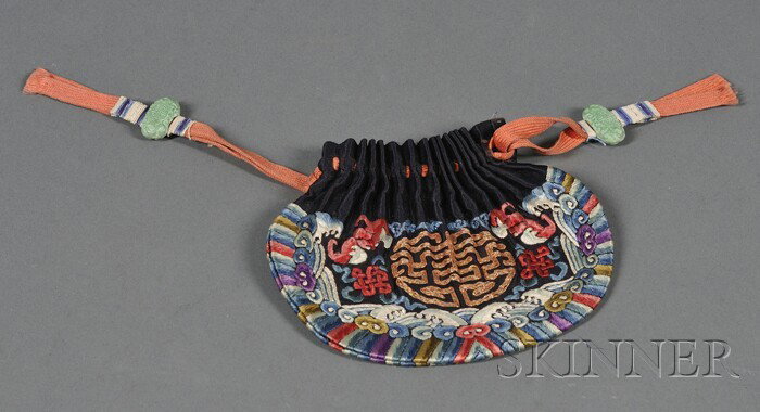 Embroidered Snuff Bottle Bag, China, early 20th ce: Embroidered Snuff Bottle Bag, China, early 20th century, embroidered with bats and shou roundels, all above lishui patterns, lg. 5 3/8 in.