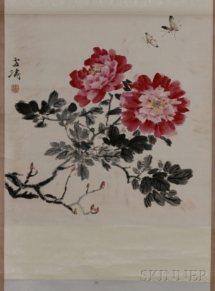 Hanging Scroll, China, Wang Xuetao, ink and colors: Hanging Scroll, China, Wang Xuetao, ink and colors on paper, depicting peony branches, inscribed, signed, and with one seal, 19 x 18 3/4 in.