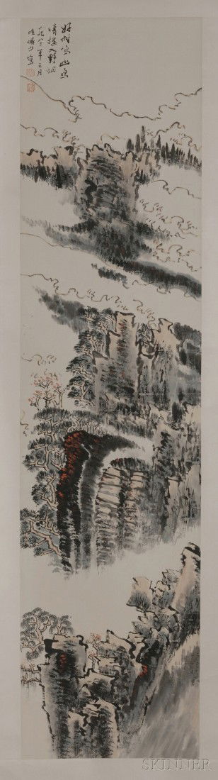 Hanging Scroll, China, ink and colors on paper, de: Hanging Scroll, China, ink and colors on paper, depicting a rocky landscape, inscribed, signed "Lu Yanshao," with two seals, dated 1983, 53 1/4 x 13 1/4 in.