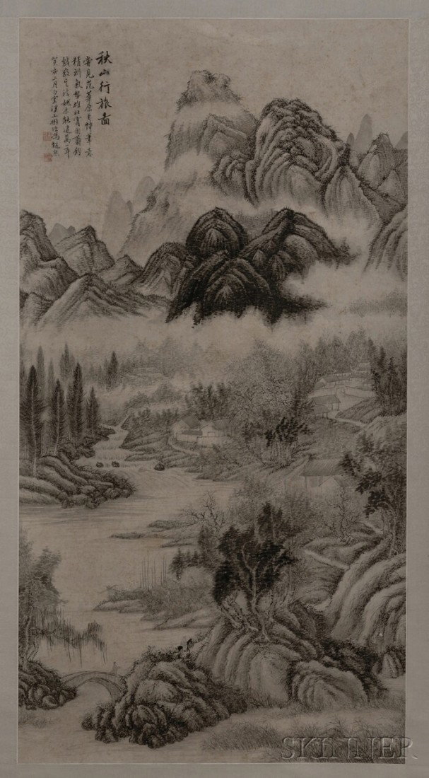 Hanging Scroll, China, ink on paper, depicting a m: Hanging Scroll, China, ink on paper, depicting a mountainous landscape with cottages and a lone rider, inscribed, signed "Feng Chaoran," dated guigeng year, with two seals, 51 1/2 x 26 3/4 in.