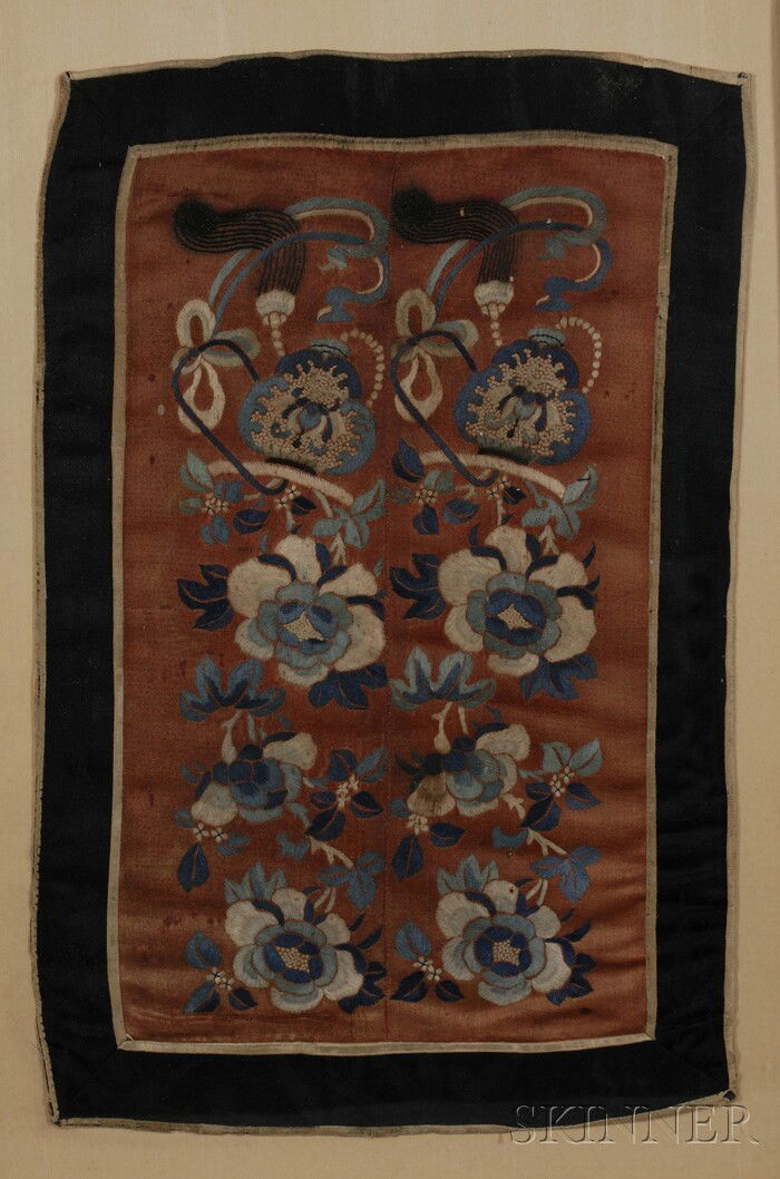 Three Silk Panels, China, two square panels of flo: Three Silk Panels, China, two square panels of flowers and butterflies, one rectangular panel with floral scrolls, framed and glazed, sq. 10 3/8, 17 x 11 in.