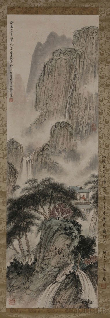 Hanging Scroll, China, ink and colors on paper, de: Hanging Scroll, China, ink and colors on paper, depicting a recluse in a pavilion in a rocky landscape with pines, inscribed, signed "Fu Baoshi," dated guiwei year, with four seals, 42 1/2 x 13 1/2 in
